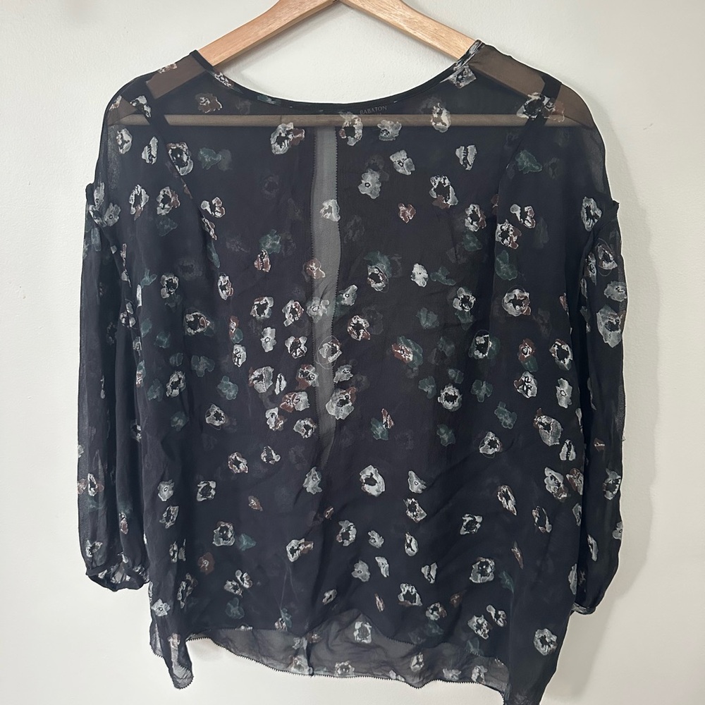 Aritzia Black Sheer Blouse with Puff Sleeves and 3/4 Sleeve Length
